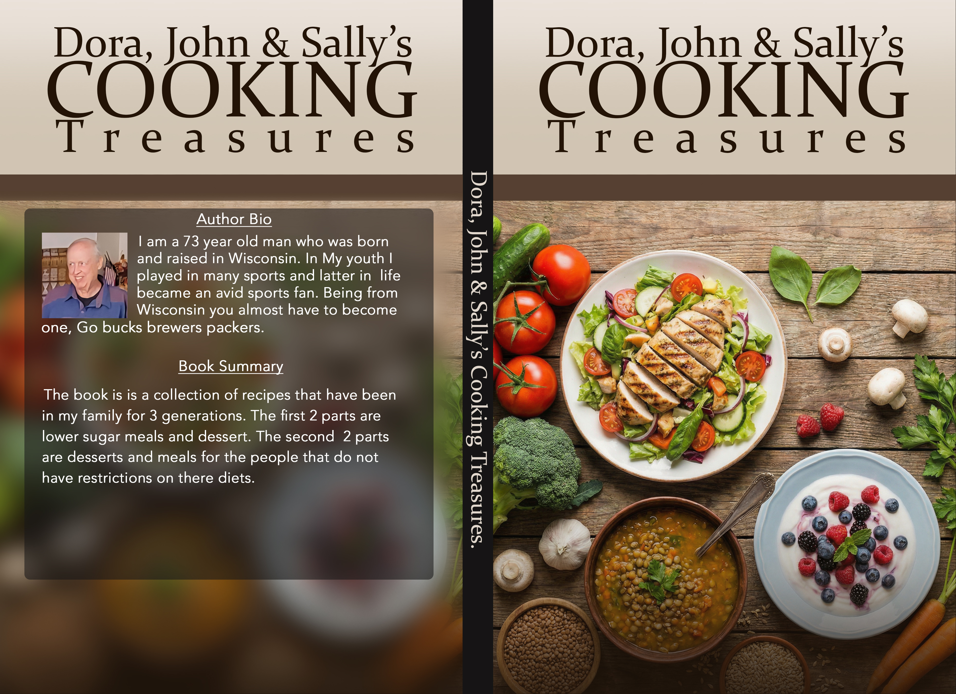 Full book cover spread of Dora, John & Sally's Cooking Treasures